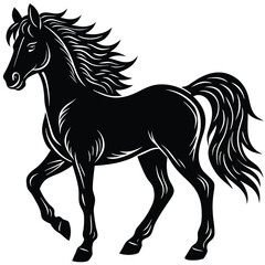 The black horse stallion silhouette vector illustration shows a running equine animal