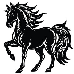 The black horse stallion silhouette vector illustration shows a running equine animal