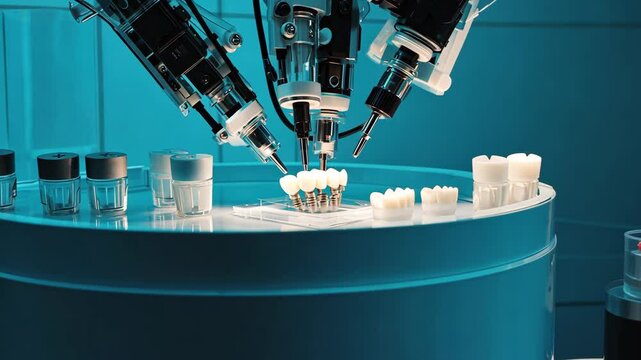 Robotic arms precisely assembling dental implants in a high-tech laboratory, surrounded by prosthetic teeth and sterile containers, symbolizing innovation in dental technology and medical robotics.