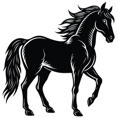 The black horse stallion silhouette vector illustration shows a running equine animal