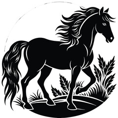 The black horse stallion silhouette vector illustration shows a running equine animal