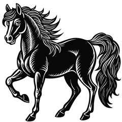 The black horse stallion silhouette vector illustration shows a running equine animal