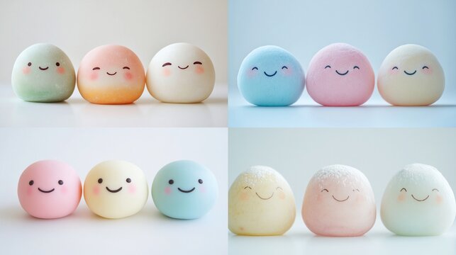 Cute pastel mochi characters collage.