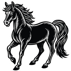 The black horse stallion silhouette vector illustration shows a running equine animal