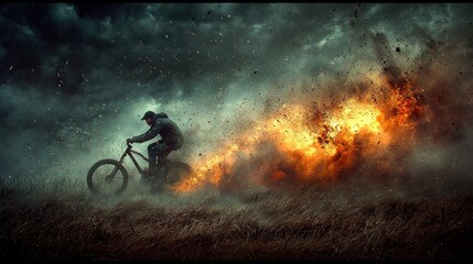 Obraz premium Cyclist speeds, fire blazes behind, against dramatic, stormy sky, grassy terrain