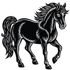 The black horse stallion silhouette vector illustration shows a running equine animal