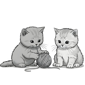 Playful Monochromatic Vector Illustration of Two Furry Kittens Interacting with a Ball of Yarn - Cute Feline Companions