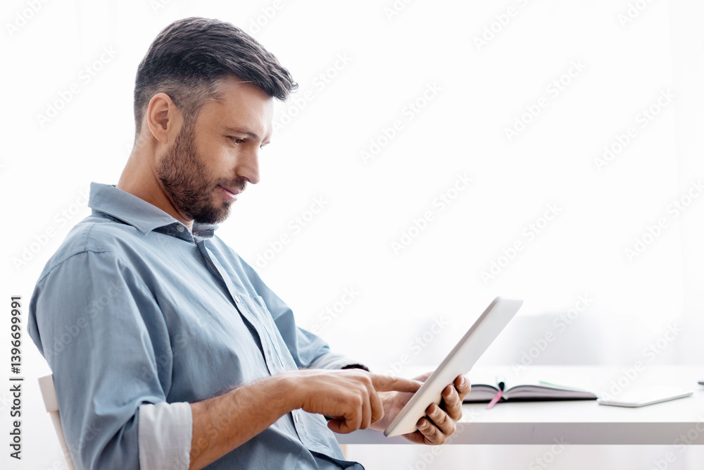 Poster Handsome Freelancer Man Using Digital Tablet While Having Break At Work, Sitting At Desk In Home Office, Browsing Internet Or Social Networks, Checking App, Working Online, Side View With Copy Space