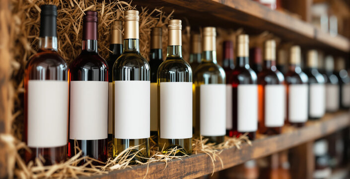 Multiple wine bottles with blank labels arranged on a wooden shelf with straw, realistic photo style, warm background, concept of branding or mockup. Ai generative