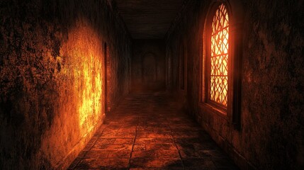 Empty dark corridor with a glowing side window
