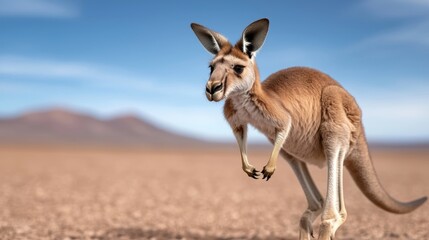 Fototapeta premium Kangaroo in a desert landscape. A kangaroo is positioned in a dynamic stance, seemingly poised to leap. The landscape is arid, featuring light brown earth and distant low mountains,