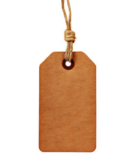 Aged paper tag hanging on twine, vintage label concept for retail product display