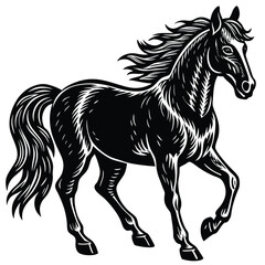 The black horse stallion silhouette vector illustration shows a running equine animal