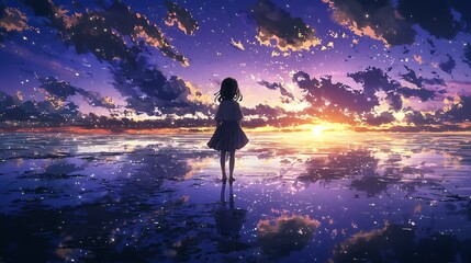 Obraz premium Girl Standing by the Water at Sunset with Colorful Clouds and Reflections in a Dreamy Landscape