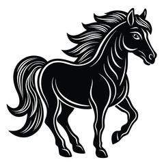 The black horse stallion silhouette vector illustration shows a running equine animal