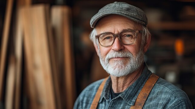 Portrait of senior carpenter with beard and glasses in workshop with wood background, woodworking concept - Powered by Adobe