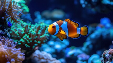 A vibrant orange and white clownfish swims amidst colorful coral in a deep blue underwater scene