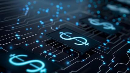 Digital business financial transaction concept with glowing dollar signs and encrypted data streams between devices, showcasing secure online payments and cash flow.