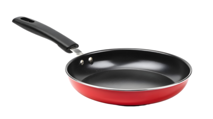 Red frying pan with non stick surface and black handle for cooking culinary