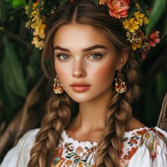 Naklejka premium Elegance of a Ukrainian bride in traditional attire illuminated by natural beauty