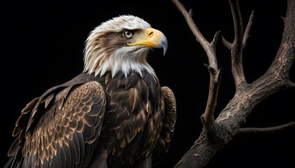 Obraz premium Close-up of a majestic bald eagle against a dark background.