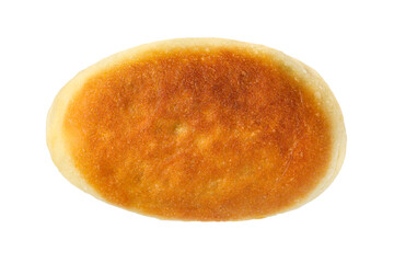 Pie isolated on white background top view. One homemade pie close-up.