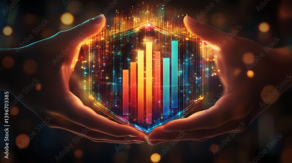 Aufkleber hands holding a glowing hexagonal shape with colorful data visualizations against a blurred backgrou
