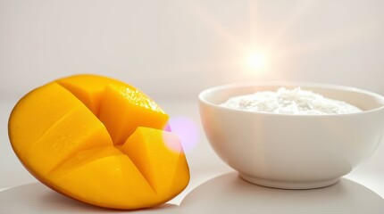 Tropical Mango Coconut Dessert in Bowl with Fresh Mango Slices – Exotic Vegan Sweet on White Background

