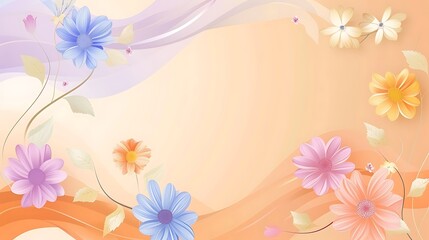 Minimalist pastel floral background with soft peach waves, playful daisy-like flowers in light blue, lavender, and orange, accented with delicate leaves and whimsical curves.
