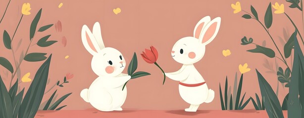 Fototapeta premium Two adorable bunnies exchanging a flower in a whimsical illustration. They are surrounded by flowers and foliage, creating a charming and sweet scene