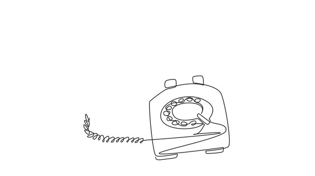 Self drawing animation of single continuous line drawing retro telephone with the telephone receiver raised and at the top. The ringing sound of landline. National Telephone Day. Full length animated