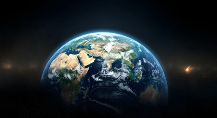 Fototapeta premium Earthrise View Showing Asia and Africa with Glowing Galaxies