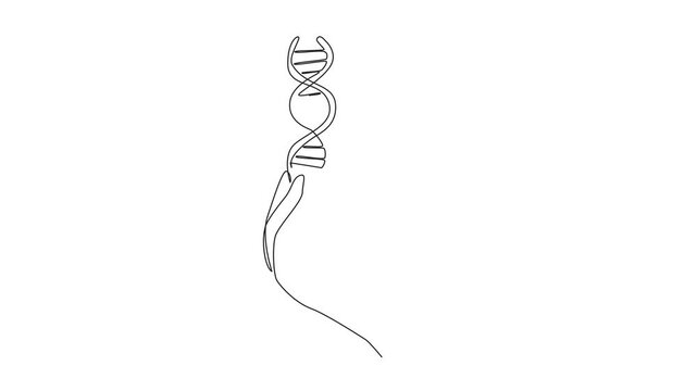 Animated self drawing of single one line drawing hand with a gesture of cupping fingers and there is a DNA symbol. Taking blood samples. Health. National DNA Day. Full length single line animation
