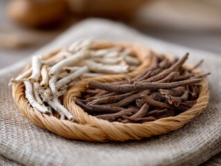 Explore the ancient wisdom of herbal remedies with this captivating image, showcasing dried roots meticulously arranged in a harmonious yin-yang formation Symbolizing the delicate balance between