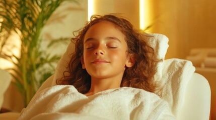 Serene young woman enjoying relaxation on massage bed at luxurious spa and wellness center