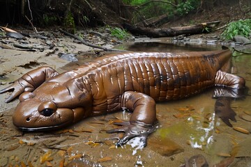 A Chinese giant salamander resting on a riverbed, wrinkled brown skin resembling ancient bark, largest amphibian on Earth,
