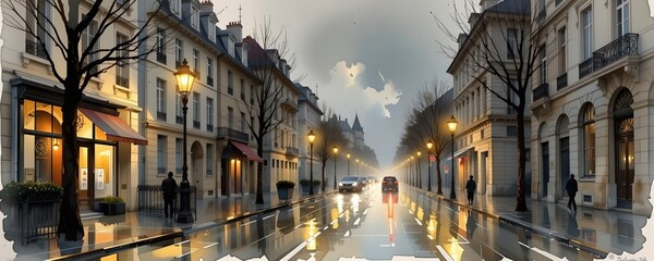 Fototapeta premium A beautiful watercolor painting of a rainy street in Paris with glowing lamps, in a soft and delicate watercolor style, with moody grey and yellow highlights, painted on textured paper