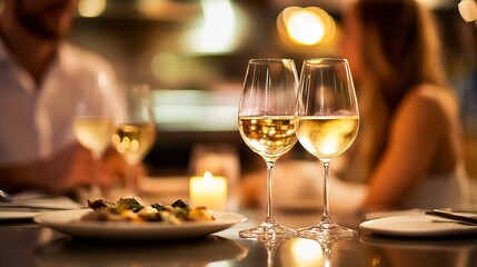 Obraz premium Romantic Dinner Setting with Wine Glasses and Delicious Food on a Table at Dimly Lit Restaurant