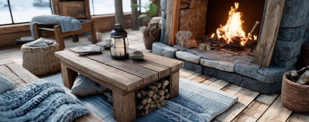 Envision yourself escaping to a cozy wooden cabin, nestled deep within a serene winter landscape The heart of this cabin is a roaring fireplace, casting warm, inviting glow that dances across rustic
