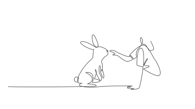 Self drawing animation of continuous line drawing girl sit cross legged and playing with rabbit. Relieve fatigue from studying by playing with rabbit. National Kids and Pets Day. Full length animated
