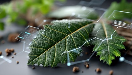 Envision a seamless blend of nature and technology, where the vibrant green leaf represents a thriving, interconnected network Visualize advanced AI algorithms safeguarding digital ecosystems