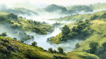 serene watercolor painting captures tranquil river winding through lush green hills, enveloped in soft mist. natural beauty evokes sense of peace and harmony with nature