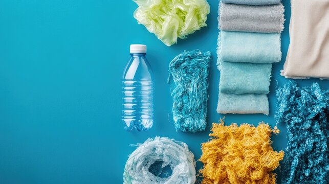 Empty plastic bottle and various fabrics made of recycled polyester fiber on a blue background