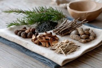 Fototapeta premium Embark on a journey of wellness with nature's pharmacy, a curated collection of dried roots, herbs, and botanicals, meticulously arranged on a rustic linen canvas Discover the ancient wisdom of
