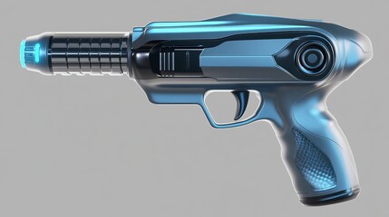 A futuristic looking ray gun with a blue light at the end against a gray background studio shot
