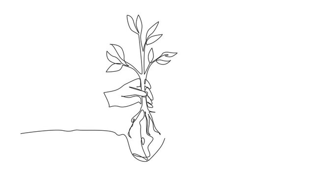 Self drawing animation of single continuous line drawing hand holding shovel. Planting trees greens the earth. Spreads oxygen levels. Comfortable earth. National Arbor Day. Full length animated