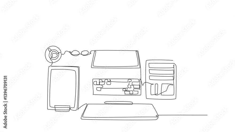 Poster animated self drawing of one line drawing a very neatly arranged work desk. makes it easier to work 