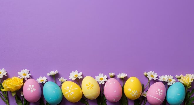 Colorful easter eggs and daisies arranged on a purple background for a festive spring display