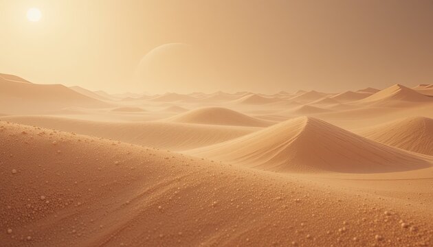 Expansive desert landscape with soft dunes under a warm, glowing sky.