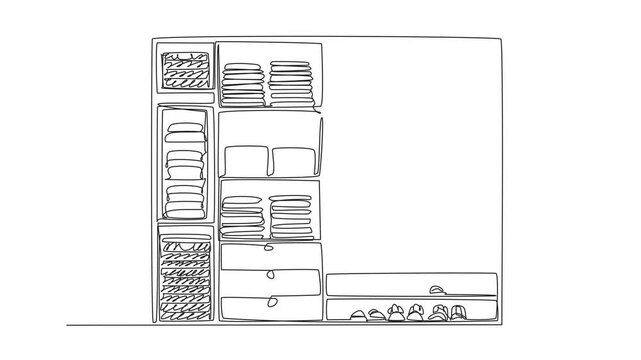 Animated self drawing of single continuous line drawing wardrobe with several compartments containing boxes made of woven rattan. Arrange contents. Get Organized Day. Full length single line animation